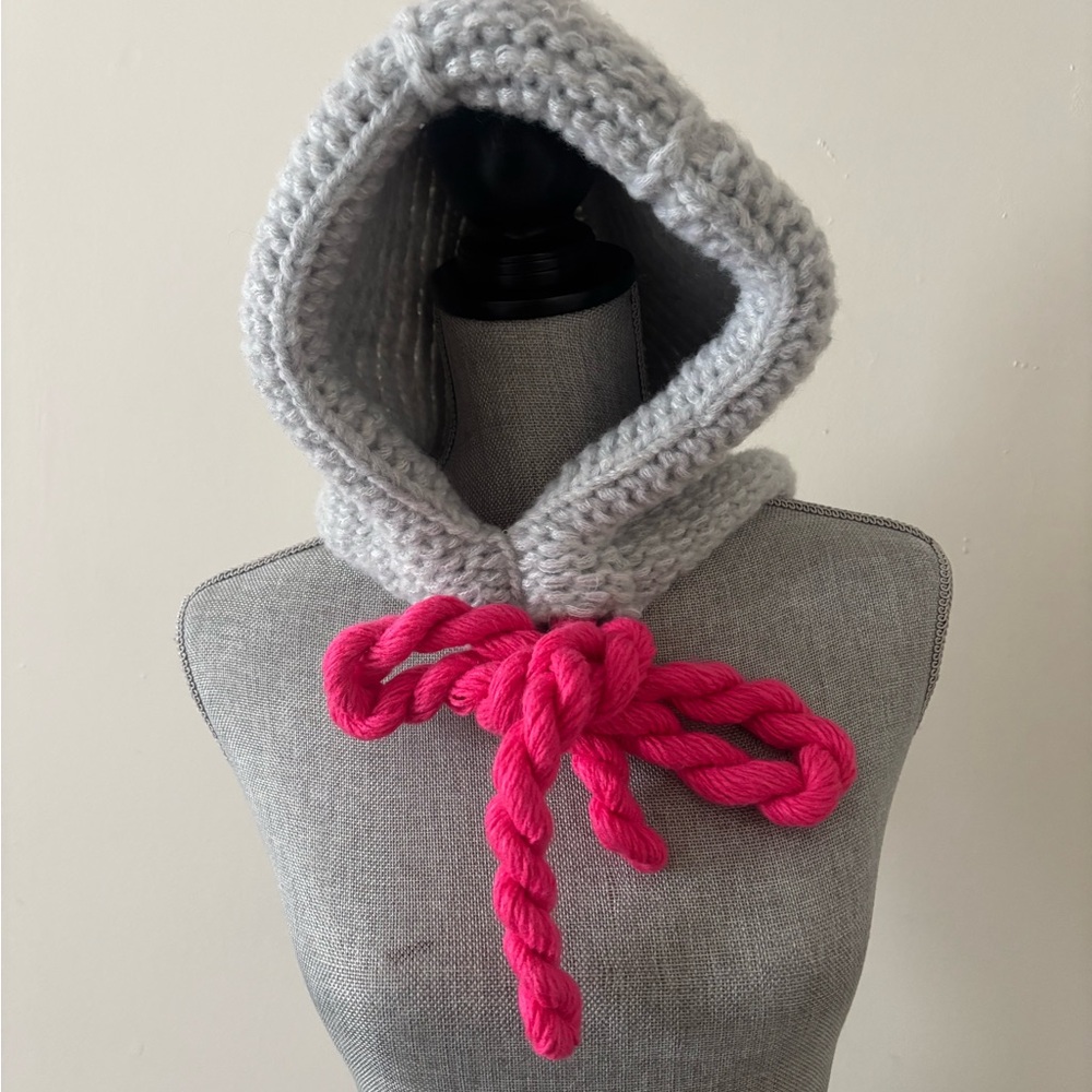 Thick Knit Gray and Hot Pink Hood/ Balaclava